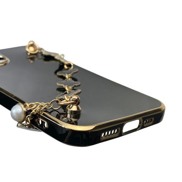 Чехол для телефона Apple iPhone 13 женский с ремешком и украшениями и золотой окантовкой на айфон 13 черный gs1 0016190 фото