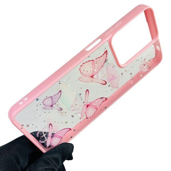 Чехол для Motorola Moto G04s с блёстками с бабочками на моторола г04с розовый 0037808 фото