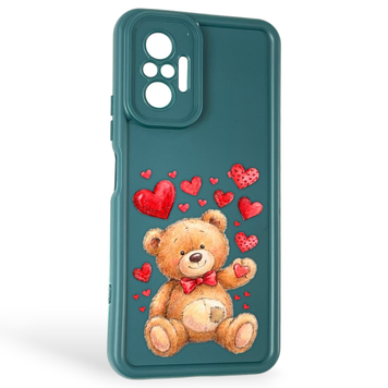 Чехол силиконовый оригинальный Soft Touch с 3D принтом милый мишка для Xiaomi Redmi Note 10 Pro темно-зеленый (Полная защита камеры) 0043787 фото
