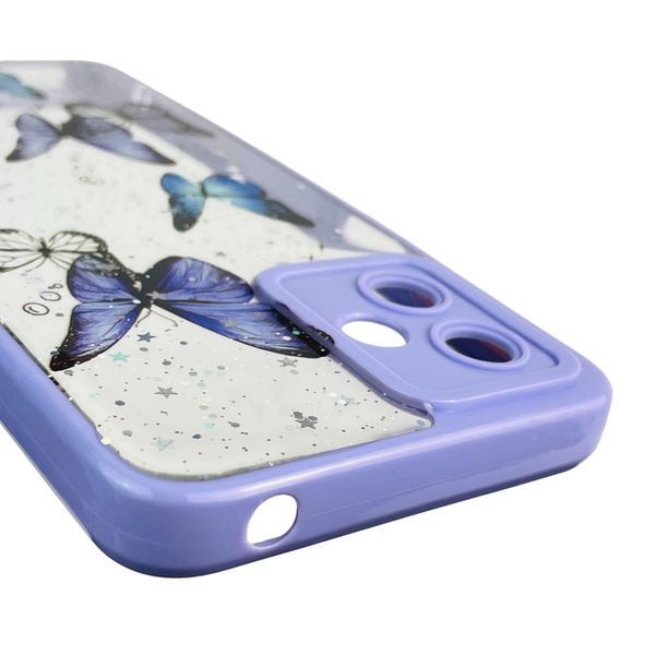 Чехол для Motorola Moto G14 (PAYF0006RS) с блёстками с бабочками на моторола г14 сиреневый 0037558 фото