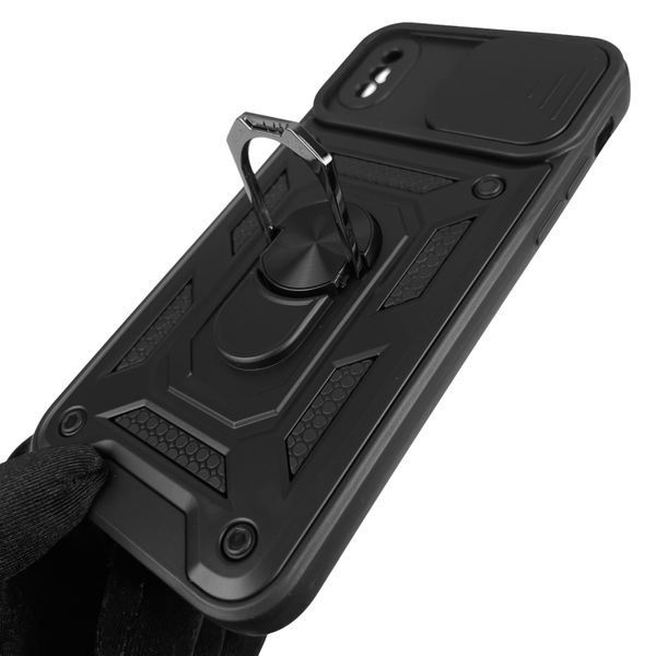 Чехол для iPhone X бронированный с кольцом со шторкой на камеру на айфон х чёрный rg1 0004124 фото