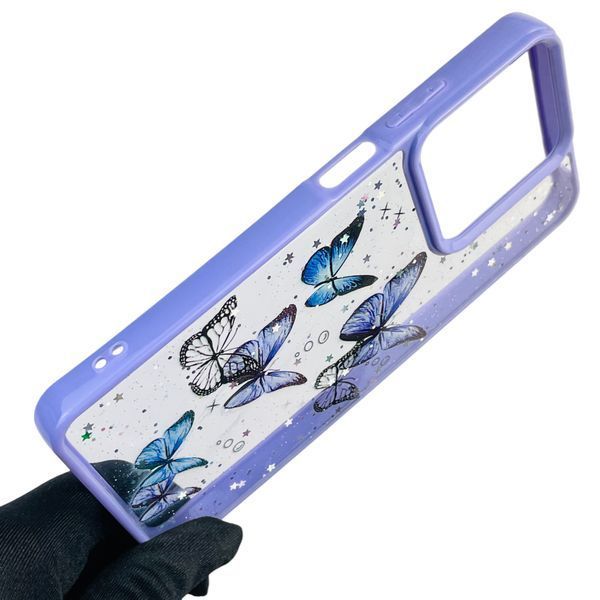 Чехол для Motorola G15 с блёстками с бабочками на моторола г15 сиреневый 0037559 фото