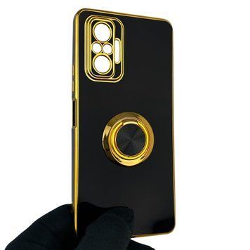 Чехол для Xiaomi Redmi Note 10 Pro 4G с кольцом-подставкой с золотой окантовкой на редми нот 10 про черный gs1 0020849 фото