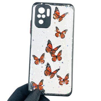 Чехол для Xiaomi Redmi Note 10S с блёстками с бабочками на сяоми редми нот 10с черный 0037917 фото