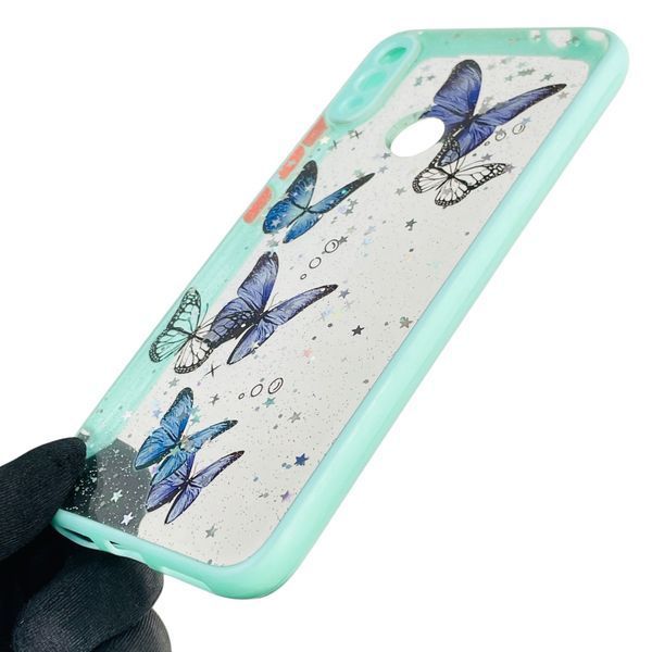 Чехол для Xiaomi Redmi Note 7 с блёстками с бабочками на сяоми редми нот 7 бирюзовый 0037763 фото