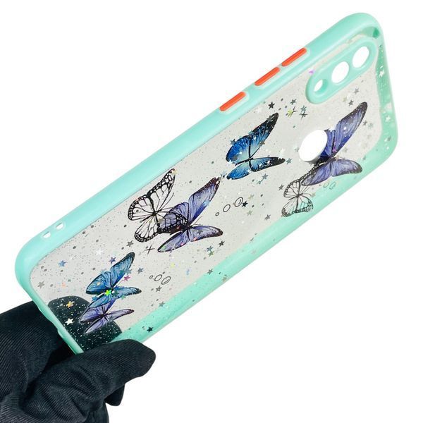 Чехол для Xiaomi Redmi Note 7 с блёстками с бабочками на сяоми редми нот 7 бирюзовый 0037763 фото