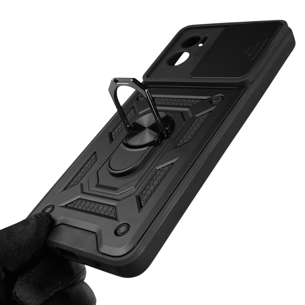 Чехол для Motorola E22i бронированный с кольцом со шторкой на моторола е22ай чёрный rg1 0016019 фото