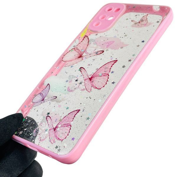 Чехол для Motorola Moto G22 (PATW0031) с блёстками с бабочками на моторола г22 розовый 0037561 фото
