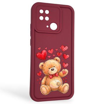 Чехол силиконовый оригинальный Soft Touch с 3D принтом милый мишка для Xiaomi Poco C40 бордовый (Полная защита камеры) 0043629 фото