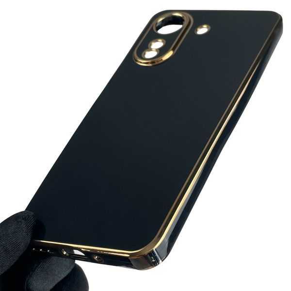 Чохол для Xiaomi POCO C65 глянсовий із золотою окантовкою із захистом камери на сяомі поко с65 чорний 0008384 фото