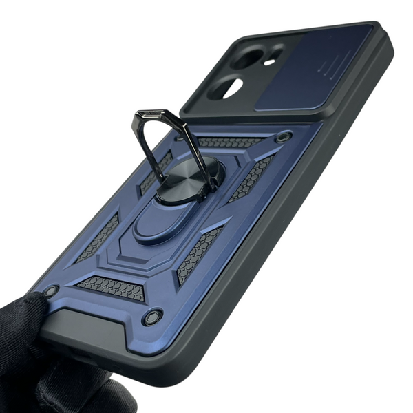 Чехол для Motorola E15 бронированный с кольцом со шторкой на моторола е15 тёмно-синий rg1 0016021 фото