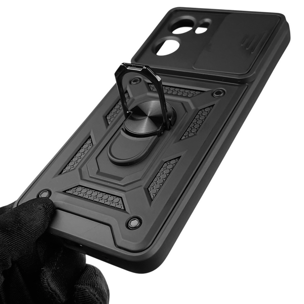 Чехол для Motorola E15 бронированный с кольцом со шторкой на моторола е15 чёрный rg1 0016022 фото