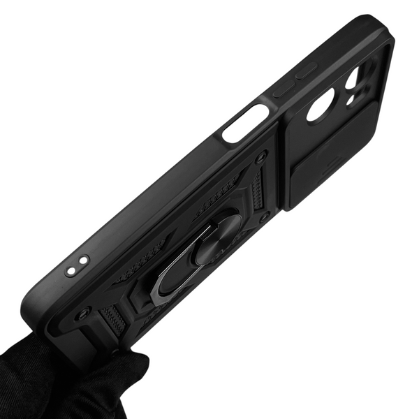 Чехол для Motorola E15 бронированный с кольцом со шторкой на моторола е15 чёрный rg1 0016022 фото