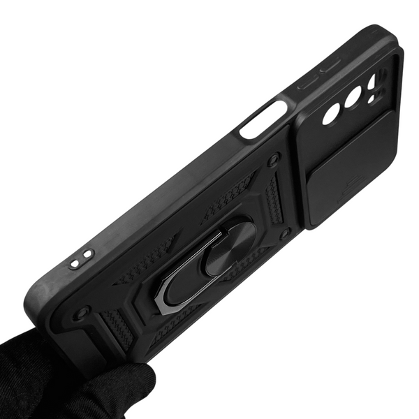 Чехол для Motorola G42 бронированный с кольцом со шторкой на моторола г42 чёрный rg1 0015653 фото