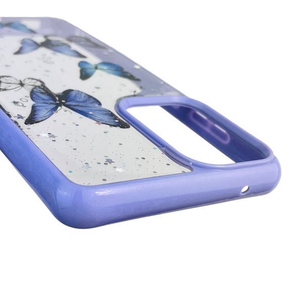 Чехол для Samsung Galaxy A72 (SM-A725F) с блёстками с бабочками на самсунг а72 сиреневый 0037665 фото