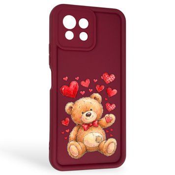 Чехол силиконовый Soft Touch с 3D принтом милый мишка для Xiaomi Mi 11 Lite бордовый (Полная защита камеры) 0044844 фото