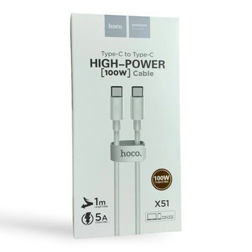 Кабель Hoco X51 Type-C &ndash; Type-C 100W 1 м белый (PD 5A, E-marker, для ноутбука) 0062553 фото