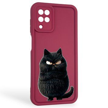 Чехол силиконовый оригинальный Soft Touch с 3D принтом злой котик для Samsung Galaxy A12 (SM-A127F) бордовый (Полная защита камеры) 0046358 фото