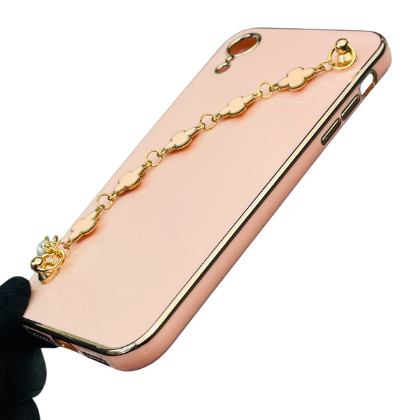 Чехол для телефона Apple iPhone Xr женский с ремешком и украшениями и золотой окантовкой на айфон хр пудровый gs1 0016200 фото