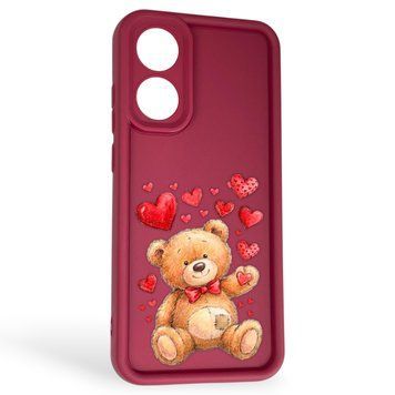 Чехол силиконовый Soft Touch с 3D принтом милый мишка для OPPO A78 4G бордовый (Полная защита камеры) 0044996 фото