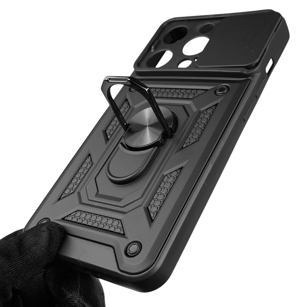Чехол для Apple iPhone 14 Pro бронированный с кольцом со шторкой на айфон 14 про чёрный rg1 0015588 фото