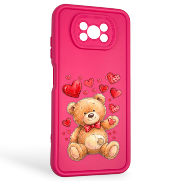 Чехол силиконовый оригинальный Soft Touch с 3D принтом милый мишка для Xiaomi Poco X3 малиновый (Полная защита камеры) 0043605 фото