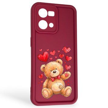 Чехол силиконовый Soft Touch с 3D принтом милый мишка для Oppo Reno 7 бордовый (Полная защита камеры) 0045003 фото