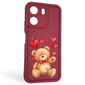 Чехол силиконовый оригинальный Soft Touch с 3D принтом милый мишка для Xiaomi Redmi 13C бордовый (Полная защита камеры) 0043672 фото