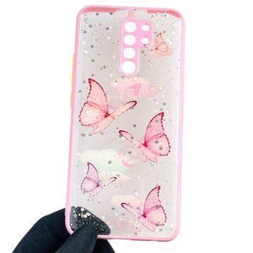 Чехол для Xiaomi Redmi 9 с блёстками с бабочками на сяоми редми 9 розовый 0037722 фото