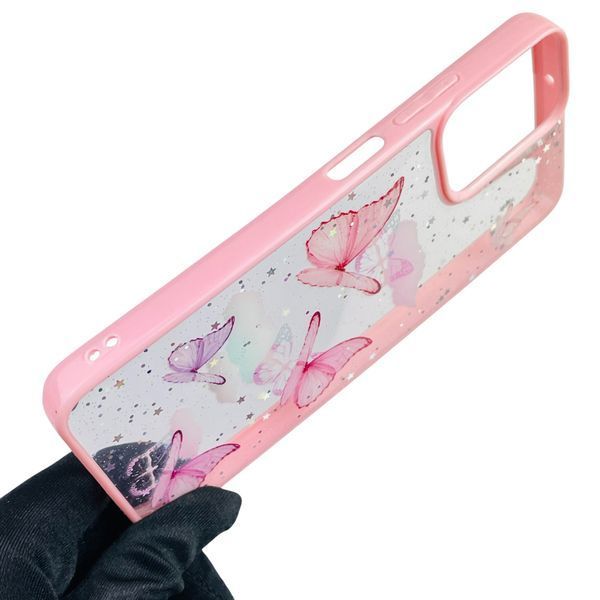 Чехол для Motorola G34 с блёстками с бабочками на моторола г34 розовый 0037569 фото
