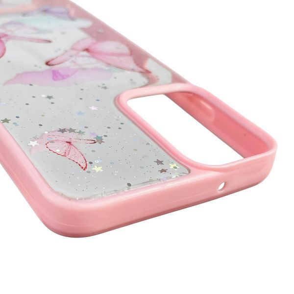 Чехол для Motorola G34 с блёстками с бабочками на моторола г34 розовый 0037569 фото