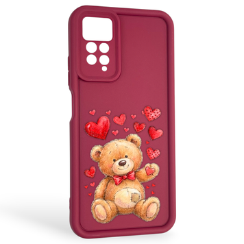 Чехол силиконовый оригинальный Soft Touch с 3D принтом милый мишка для Xiaomi Redmi Note 11 Pro бордовый (Полная защита камеры) 0043803 фото