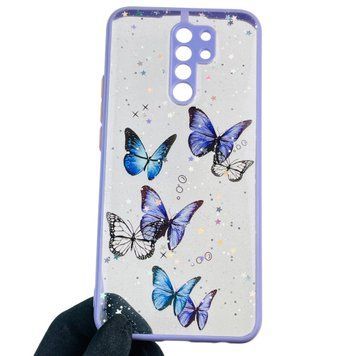 Чехол для Xiaomi Redmi 9 с блёстками с бабочками на сяоми редми 9 сиреневый 0037723 фото