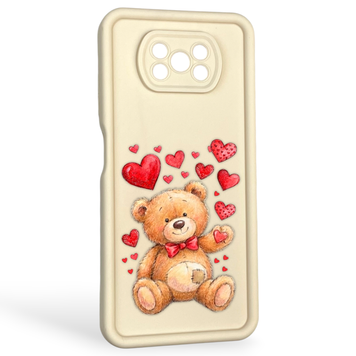 Чехол силиконовый оригинальный Soft Touch с 3D принтом милый мишка для Xiaomi Poco X3 молочный (Полная защита камеры) 0043607 фото