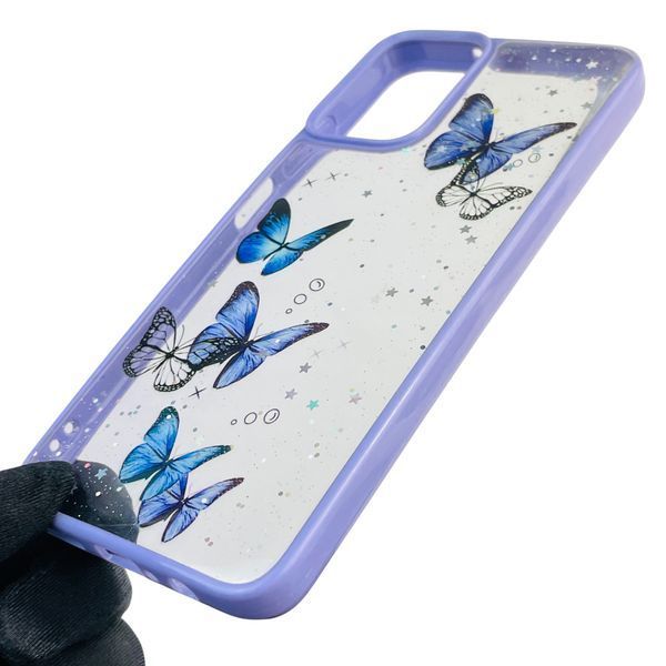 Чехол для Motorola G34 с блёстками с бабочками на моторола г34 сиреневый 0037570 фото