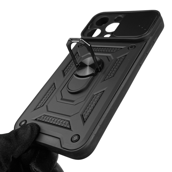 Чехол для Apple iPhone 15 Pro Max бронированный с кольцом со шторкой на айфон 15 про макс чёрный rg1 0015592 фото
