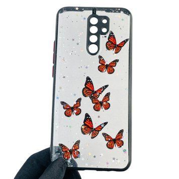 Чехол для Xiaomi Redmi 9 с блёстками с бабочками на сяоми редми 9 черный 0037724 фото