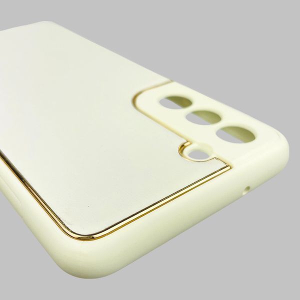 Чехол для Samsung Galaxy S21 FE SM-G990B кожаный с золотой окантовкой на самсунг с21 фе белый 0001396 фото