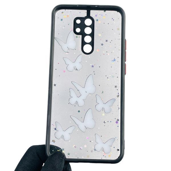 Чехол для Xiaomi Redmi 9 с блёстками с бабочками на сяоми редми 9 черный 0037724 фото