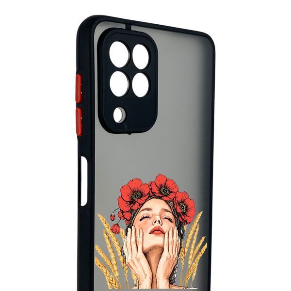 Чохол для телефона Samsung Galaxy A22 4G (SM-A225F) с 3D принтом дівчина маки колоски із захистом камери чорний 0059252 фото