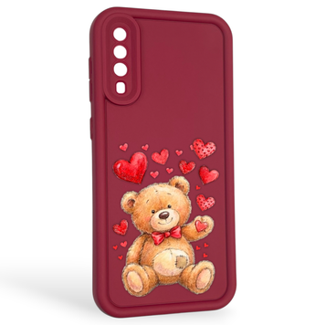 Чехол силиконовый оригинальный Soft Touch с 3D принтом милый мишка для Samsung Galaxy A50s (SM-A507F) бордовый (Полная защита камеры) 0043456 фото
