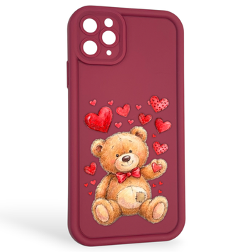 Чехол силиконовый оригинальный Soft Touch с 3D принтом милый мишка для Apple iPhone 11 Pro Max бордовый (Полная защита камеры) 0043181 фото