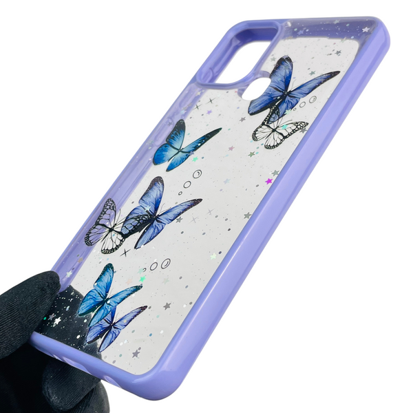 Чехол для Samsung Galaxy A21s (SM-A217F) с блёстками с бабочками на самсунг а21с сиреневый 0037624 фото