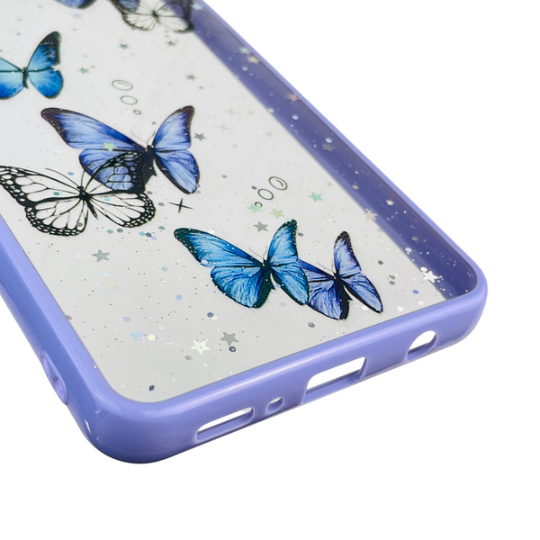 Чехол для Samsung Galaxy A21s (SM-A217F) с блёстками с бабочками на самсунг а21с сиреневый 0037624 фото
