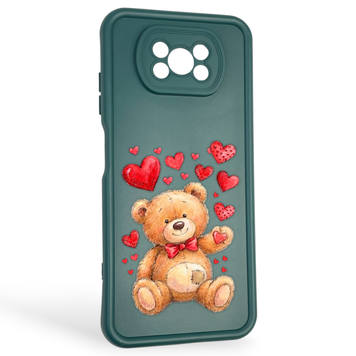Чехол силиконовый оригинальный Soft Touch с 3D принтом милый мишка для Xiaomi Poco X3 темно-зеленый (Полная защита камеры) 0043611 фото