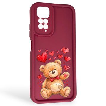 Чехол силиконовый оригинальный Soft Touch с 3D принтом милый мишка для Xiaomi Redmi Note 11s бордовый (Полная защита камеры) 0043790 фото