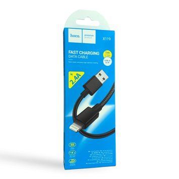 Кабель Hoco X119 USB &ndash; Lightning 1 м чёрный (нейлоновая оплётка, 2.4A, передача данных) 0062549 фото