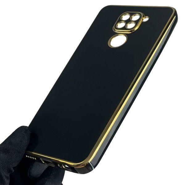 Чохол для Xiaomi Redmi Note 9 глянсовий із золотою окантовкою із захистом камери на сяомі редмі нот 9 чорний 0008349 фото