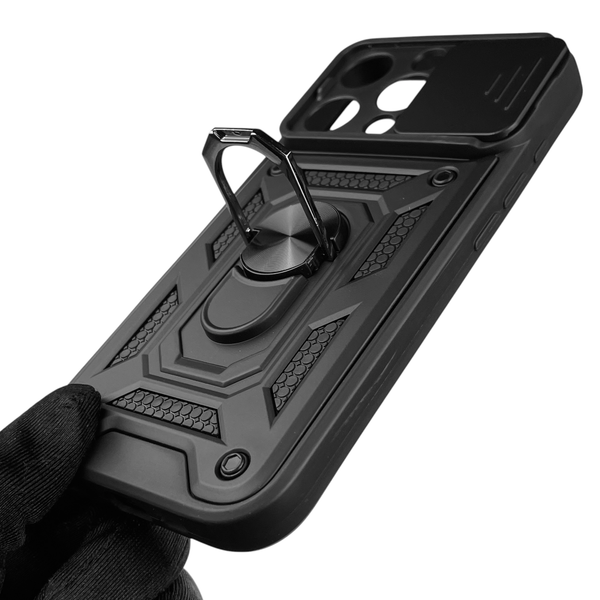 Чехол для Apple iPhone 16 Pro бронированный с кольцом со шторкой на айфон 16 про чёрный rg1 0015597 фото