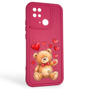 Чехол силиконовый оригинальный Soft Touch с 3D принтом милый мишка для Xiaomi Poco C40 малиновый (Полная защита камеры) 0043633 фото
